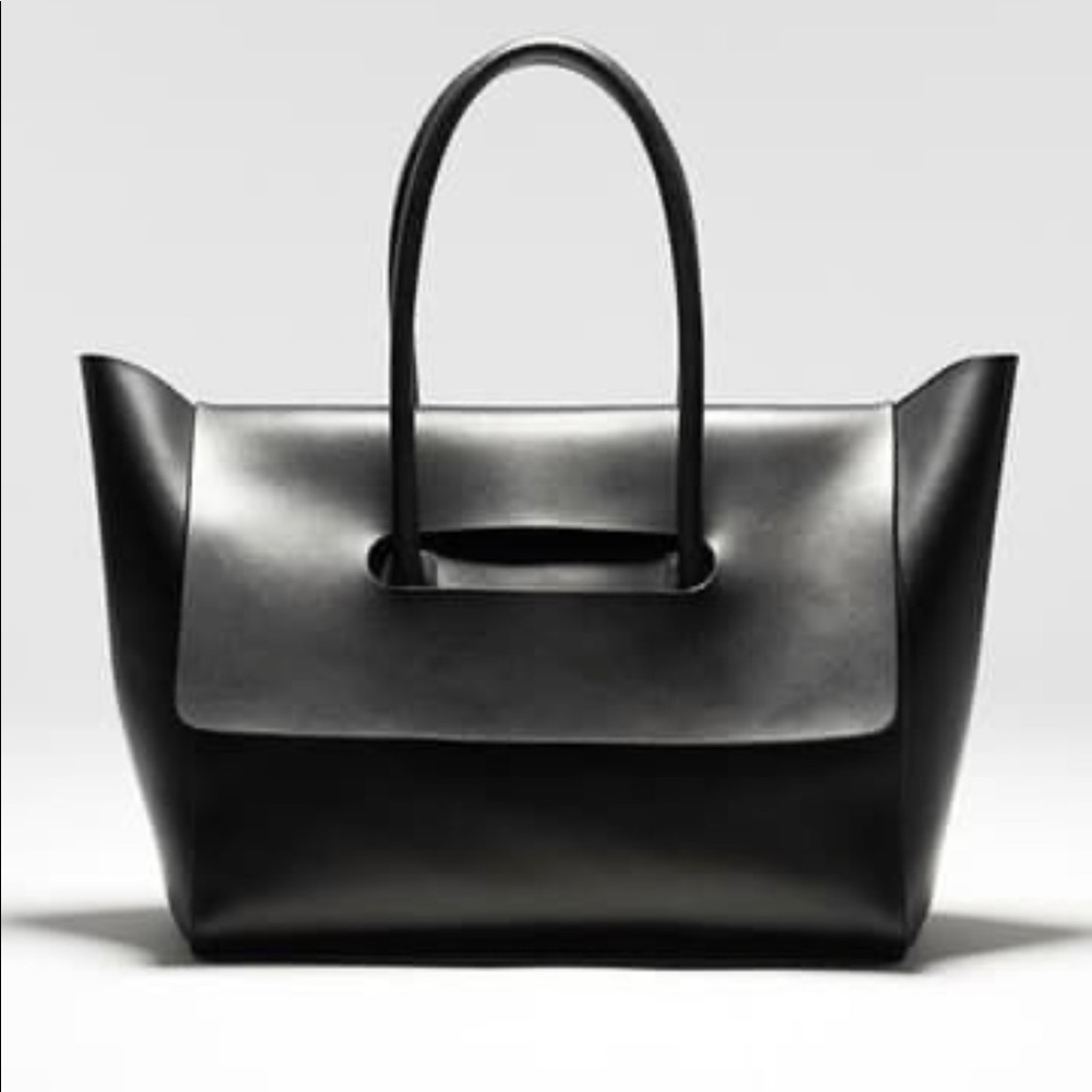 Soft Leather Flap Tote Bag Black View In Box